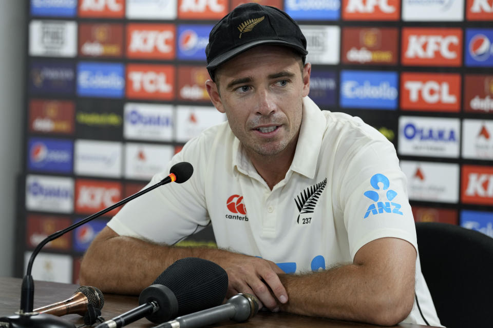 New Zealand's skipper Tim Southee speaks during a press conference, in Karachi, Pakistan, Sunday, Dec. 25, 2022. (AP Photo/Fareed Khan)