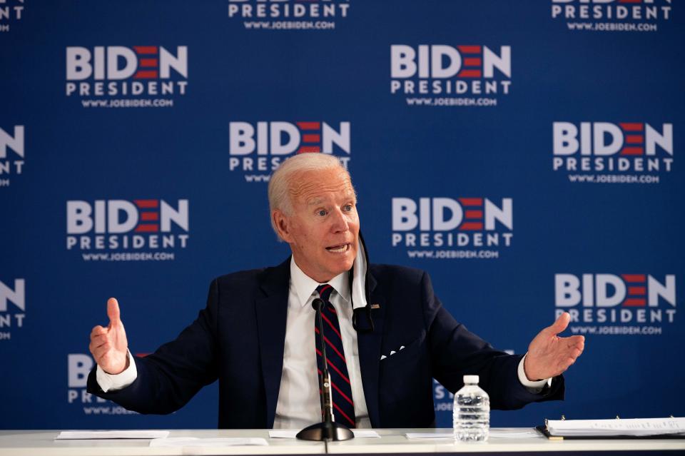 Democratic presidential candidate Joe Biden holds a roundtable meeting on reopening the economy with community leaders at the Enterprise Center in Philadelphia, Pennsylvania, on June 11, 2020. (Photo by JIM WATSON / AFP) (Photo by JIM WATSON/AFP via Getty Images)