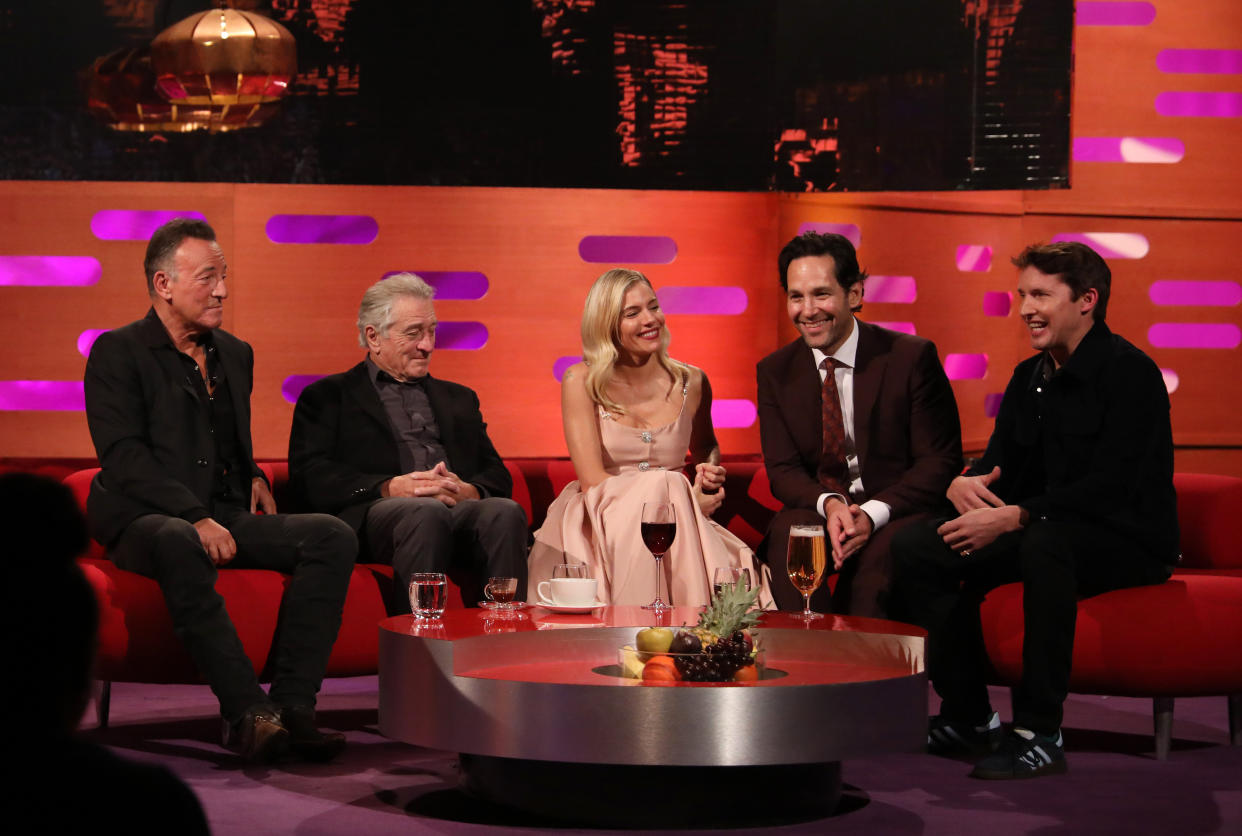 (left to right) Bruce Springsteen, Robert De Niro, Sienna Miller, Paul Rudd and James Blunt during the filming for the Graham Norton Show at BBC Studioworks 6 Television Centre, Wood Lane, London, to be aired on BBC One on Friday evening. (Photo by Isabel Infantes/PA Images via Getty Images)