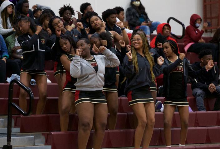 Florida High cheerleaders dance after a Seminoles score in a game against Wekiva on Jan. 21, 2022 at Florida High. The Seminoles won, 55-45.