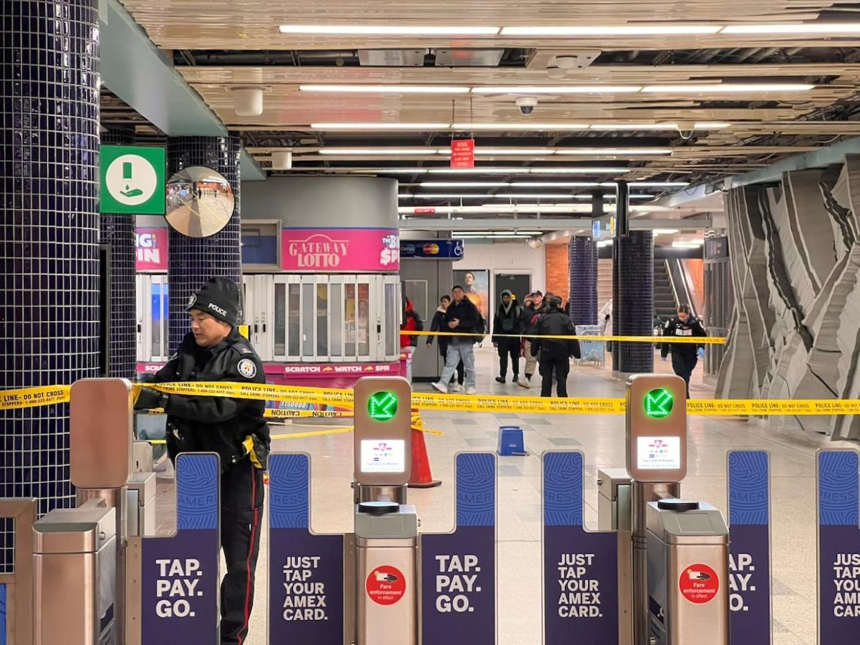 Toronto police are investigating a stabbing inside Wilson station on Thursday afternoon that left a man seriously injured. A woman was arrested and another man is being sought by police. (CBC - image credit)