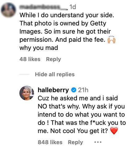 <p>Halle Berry/Instagram</p> Halle Berry responds to an Instagram user to clarify her stance on Drake's new single artwork