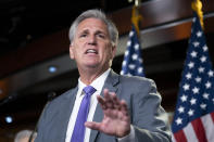 House Republican Leader Kevin McCarthy, D-Calif., speaks to reporters ahead of a vote ordered by House Speaker Nancy Pelosi, D-Calif., to condemn what she called "racist comments" by President Donald Trump directed at Reps. Ilhan Omar of Minnesota, Alexandria Ocasio-Cortez of New York, Ayanna Pressley of Massachusetts and Rashida Tlaib of Michigan, at the Capitol in Washington, Tuesday, July 16, 2019. GOP leaders dismissed the criticism of President Trump, calling it "politics" and "one more chance to go after our President" by the Democrats. (AP Photo/J. Scott Applewhite)