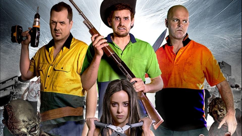 Jim Jefferies, Alex Williamson and Greg Fleet in the poster for Me, My Mates and the Zombie Apocalypse