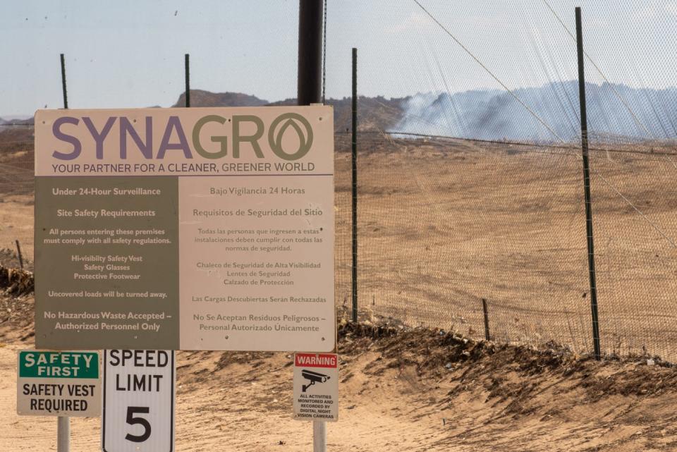 A weekslong fire continues smoldering over the 80-acre compost pit at the Synagro composting facility near Hinkley, Calif., on June 28, 2022.