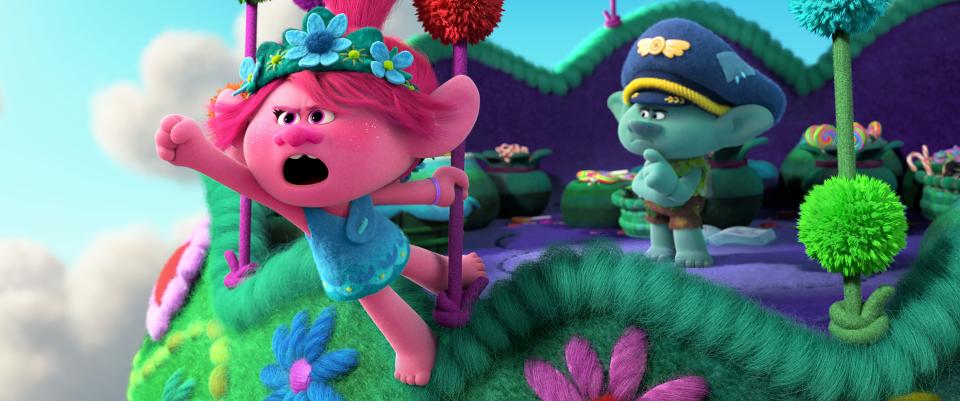 Poppy (left, voiced by Anna Kendrick) and Branch (Justin Timberlake) return in the animated sequel "Trolls World Tour."