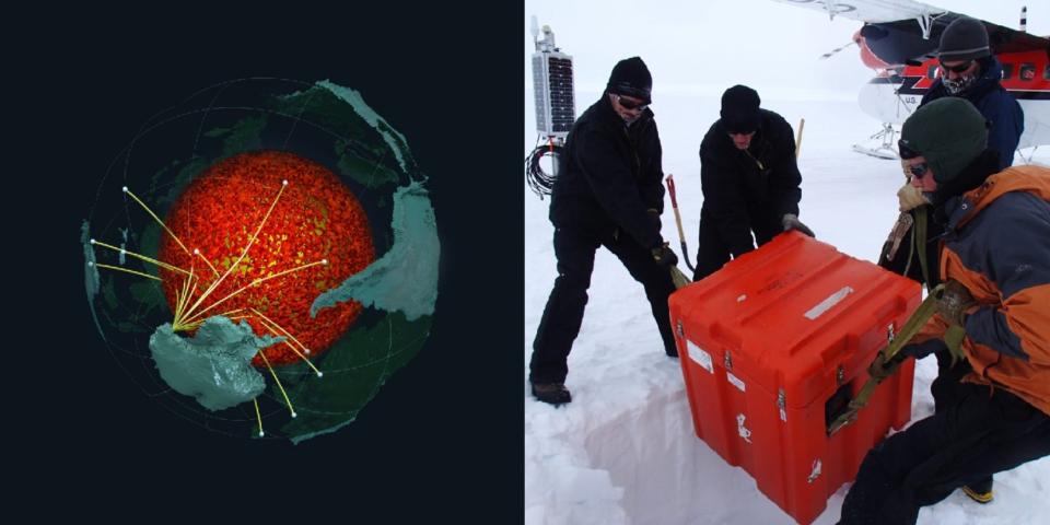 A photo montage shows a diagram representing a layer of ancient ocean wrapped around the core bouncing back seismic waves sent from Antartica, next to a picture of researchers in cold weather garb lowering heavy seismic instrument into a whole dug in the snow. In the background of the researchers is a small plane.