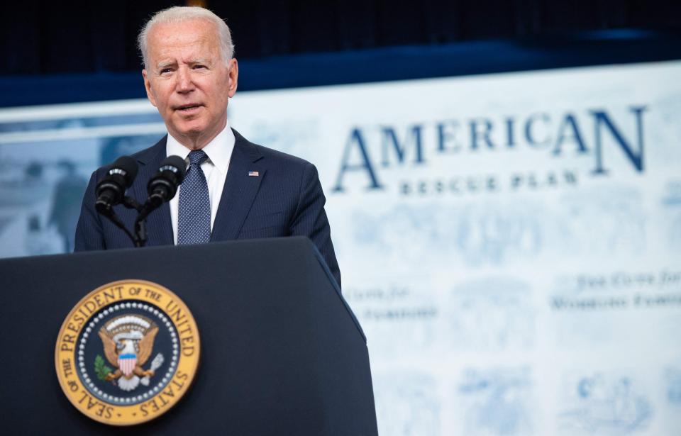 US President Joe Biden promotes the American Rescue Plan during an event in the Eisenhower Executive Office Building in Washington, DC, July 15, 2021.