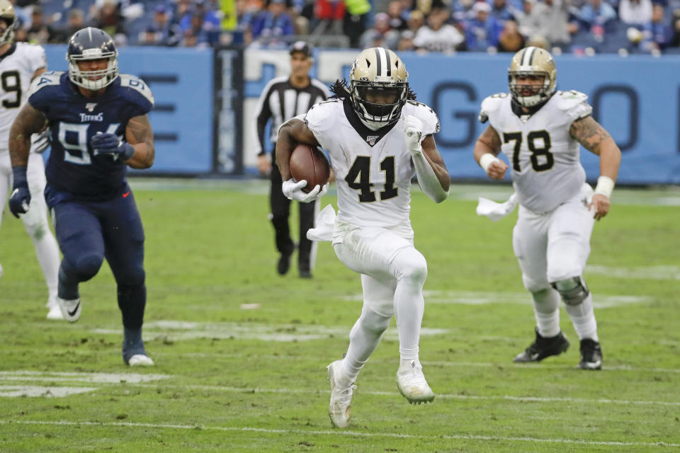 New Orleans Saints running back Alvin Kamara (41) runs 40 years for a touchdown against the Tennessee Titans in the second half of an NFL football game Sunday, Dec. 22, 2019, in Nashville, Tenn. (AP Photo/James Kenney)