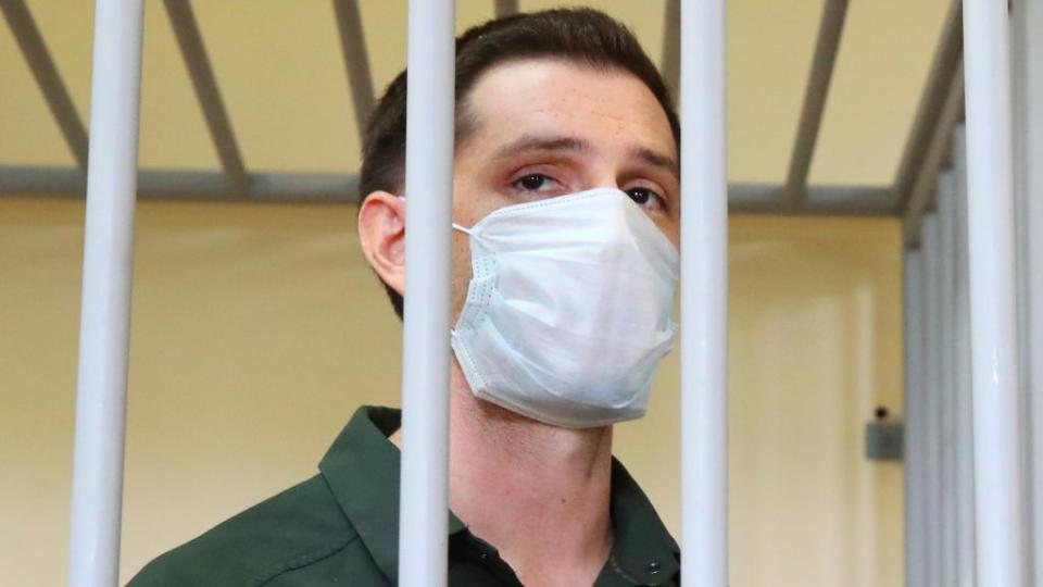 A former US marine and University of North Texas student, Trevor Reed, charged with use of violence against a representative of power, is seen during a sentencing hearing at Moscow's Golovinsky District Court. (Photo by Vyacheslav Prokofyev\TASS via Getty Images) 
