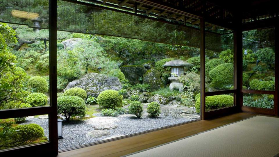 Japanese garden seen from inside a traditional tatami room, Kyoto