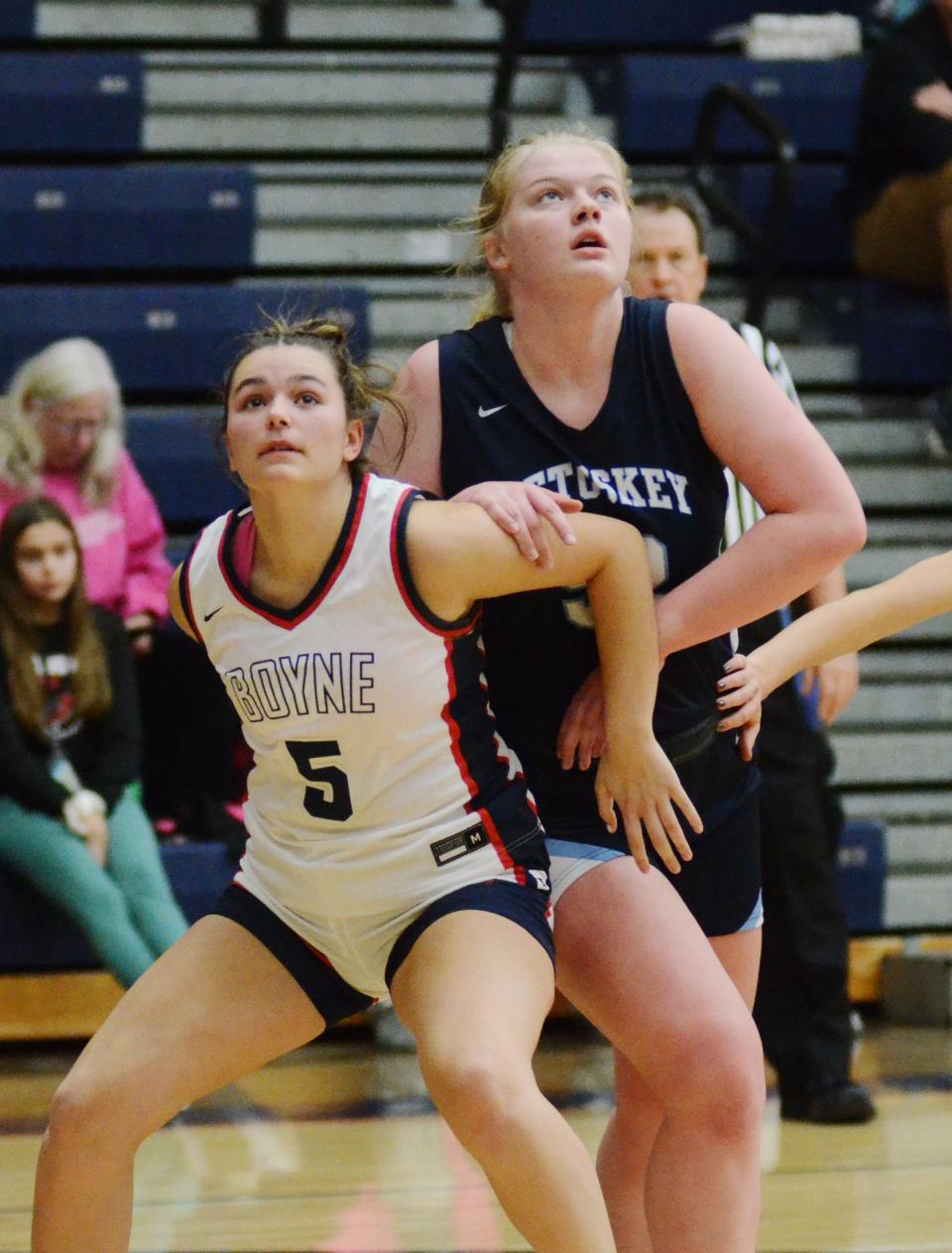 Boyne City's Elly Wilcox and Petoskey's Lia Trudeau watch a free thrown and gain positioning for a rebound.