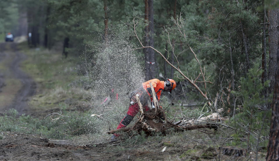 In this Wednesday, Jan. 8, 2020 photo a man works with a chainsaw on a three at the site of the planned new Tesla Gigafactory in Gruenheide near Berlin, Germany. Tesla CEO Elon Musk said during an awards ceremony in Berlin in November 2019 that 'we have decided to put the Tesla Gigafactory Europe in the Berlin area.' The company will also set up an engineering and design center in Berlin, Musk said. He wrote on Twitter that the new plant 'will build batteries, powertrains & vehicles, starting with Model Y.' (AP Photo/Michael Sohn)