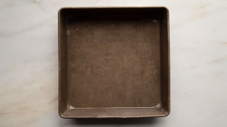 square cake pan on counter