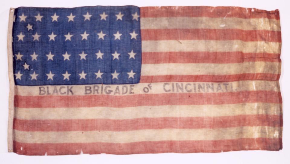 The flag of the Black Brigade of Cincinnati, which built the fortifications in Northern Kentucky in defense of the siege of Cincinnati. The brigade was the first group of Black citizens to serve as an organized body in the United States Armed Forces.