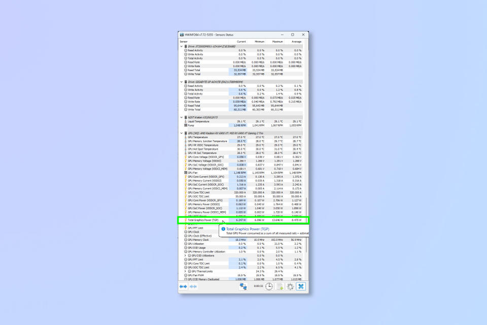 A screenshot showing how to measure PC power usage using HWiNFO