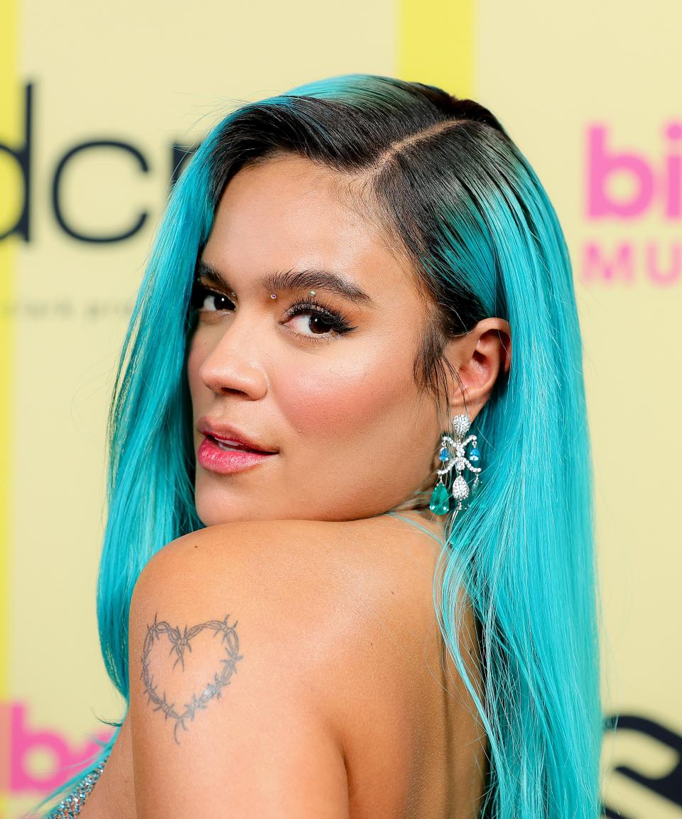 LOS ANGELES, CALIFORNIA - MAY 23: In this image released on May 23, Karol G poses backstage for the 2021 Billboard Music Awards, broadcast on May 23, 2021 at Microsoft Theater in Los Angeles, California. (Photo by Rich Fury/Getty Images for dcp)