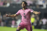 Inter Miami forward Leonardo Campana reacts after scoring a goal during the second half of an MLS soccer match against D.C. United, Saturday, May 18, 2024, in Fort Lauderdale, Fla. (AP Photo/Lynne Sladky)