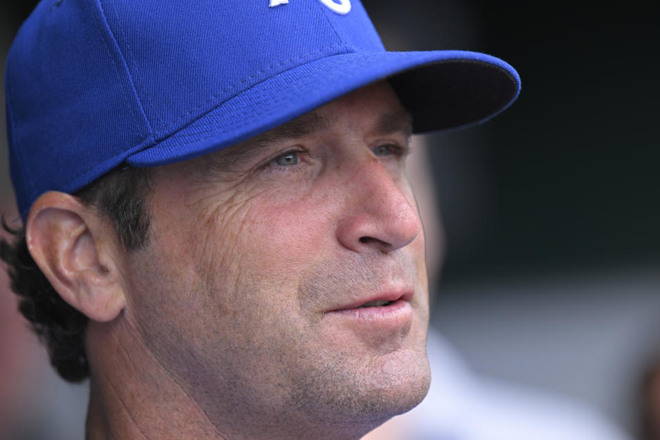 FILE - Kansas City Royals manager Mike Matheny answers questions before the team's baseball game against the Houston Astros on June 5, 2022, in Kansas City, Mo. Matheny and pitching coach Cal Eldred were fired by the Royals on Wednesday night, Oct. 5, shortly after the struggling franchise finished the season 65-97 with a listless 9-2 loss to the Cleveland Guardians. (AP Photo/Reed Hoffmann, File)