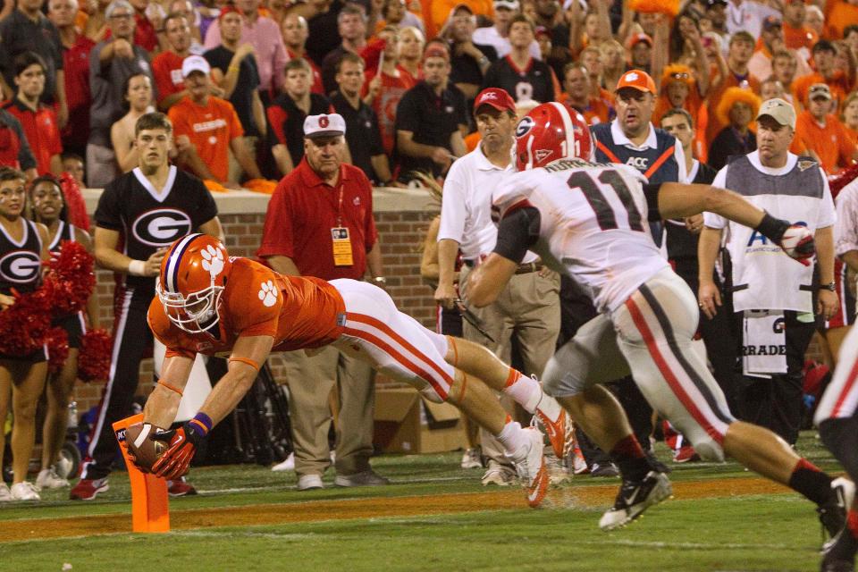 Aug 31, 2013; Clemson, SC, USA; Clemson Tigers wide receiver Stanton Seckinger (81) scores a touchdown during the fourth quarter against the Georgia Bulldogs at Clemson Memorial Stadium. Tigers won 38-35. Mandatory Credit: Joshua S. Kelly-USA TODAY Sports