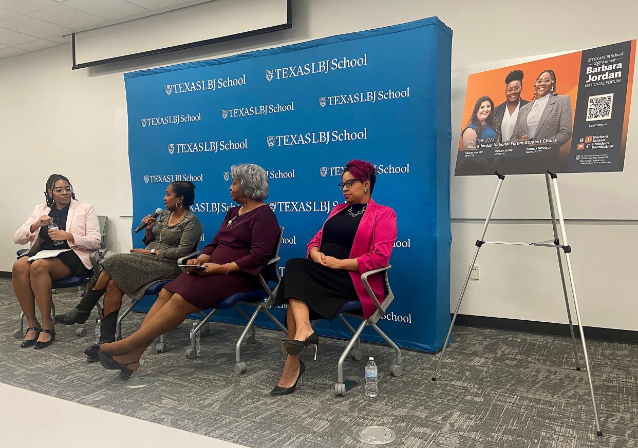Students and panelists gathered Monday for the Barbara Jordan National Forum at the UT LBJ School of Public Affairs. From left Camille Meshack, Rep. Sheryl Cole, Rep. Barbara Gavin-Hawkins and community organizer Nakeenya Wilson participated in the forum.