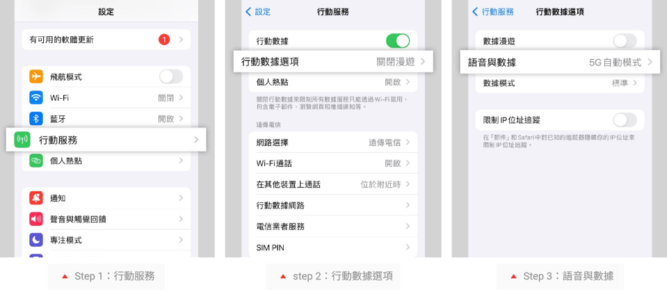 iPhone用戶可點選「設定」→「行動服務」→「行動數據選項」→「語音與數據」。