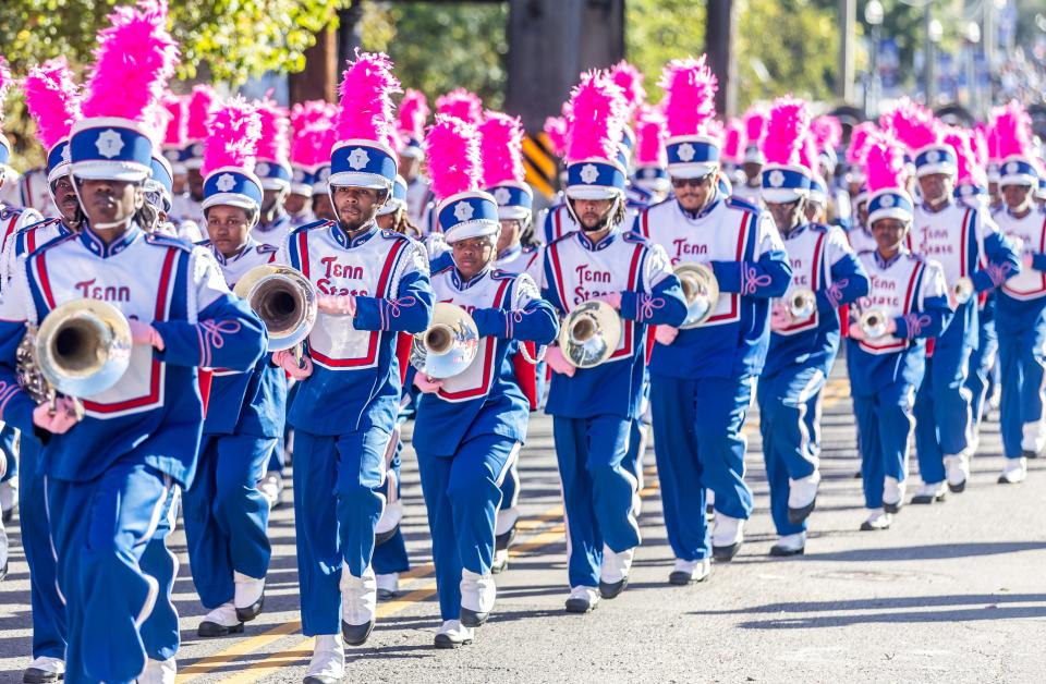 Tennessee State University’s marching band makes its way down Jefferson Street during the TSU homecoming parade Saturday, October 14, 2023.