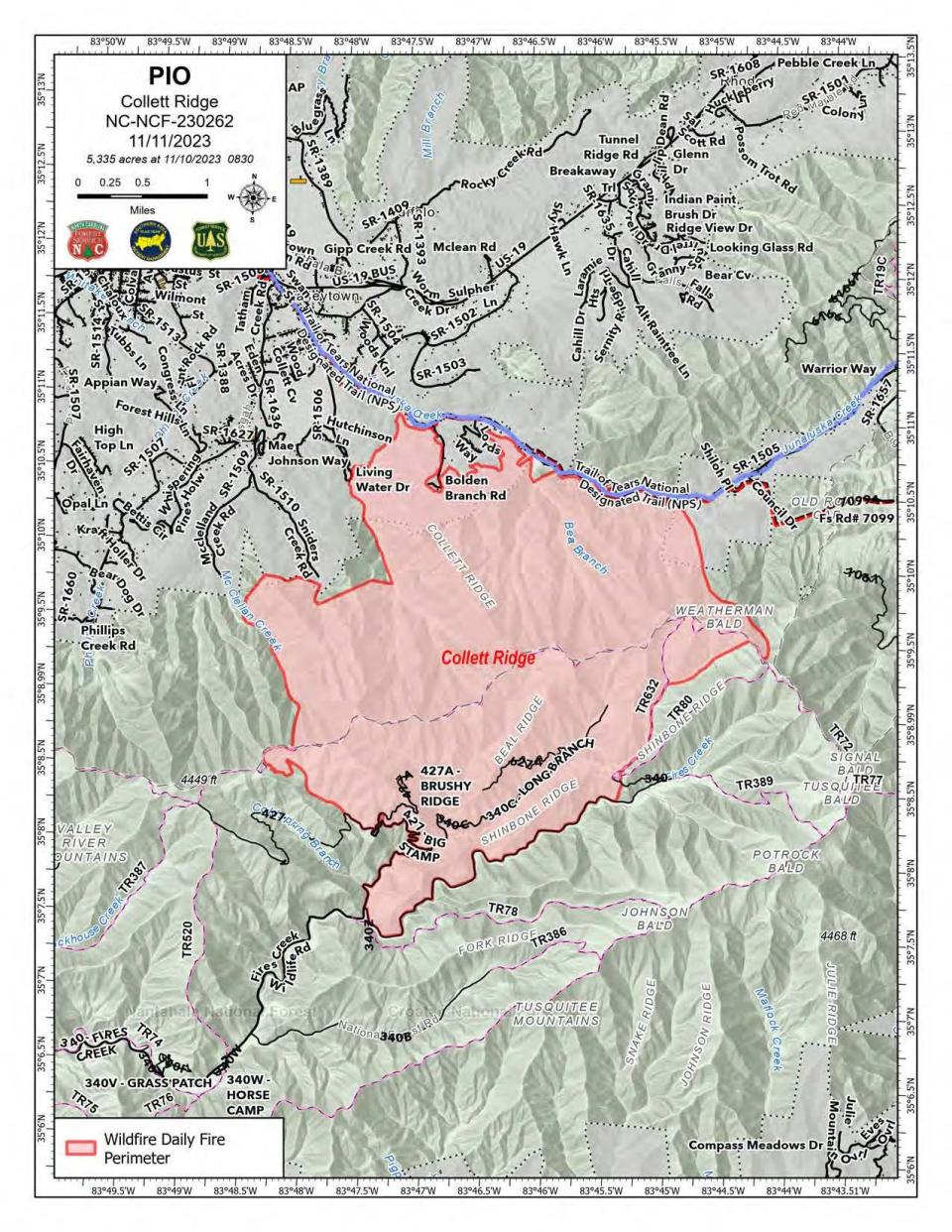 The Collett Ridge Fire has been burning since Oct. 23 in the Cherokee County area of Nantahala National Forest. As of Nov. 11 it is at 5,335 acres and is 15% contained, according to the U.S. Forest Service.
