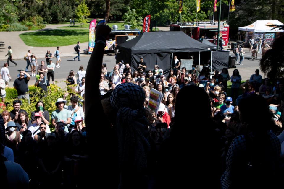 Pro-Palestinian protesters gather on the steps of Johnson Hall after marching through the building on the University of Oregon campus May 10 in support of a cease-fire in Gaza.