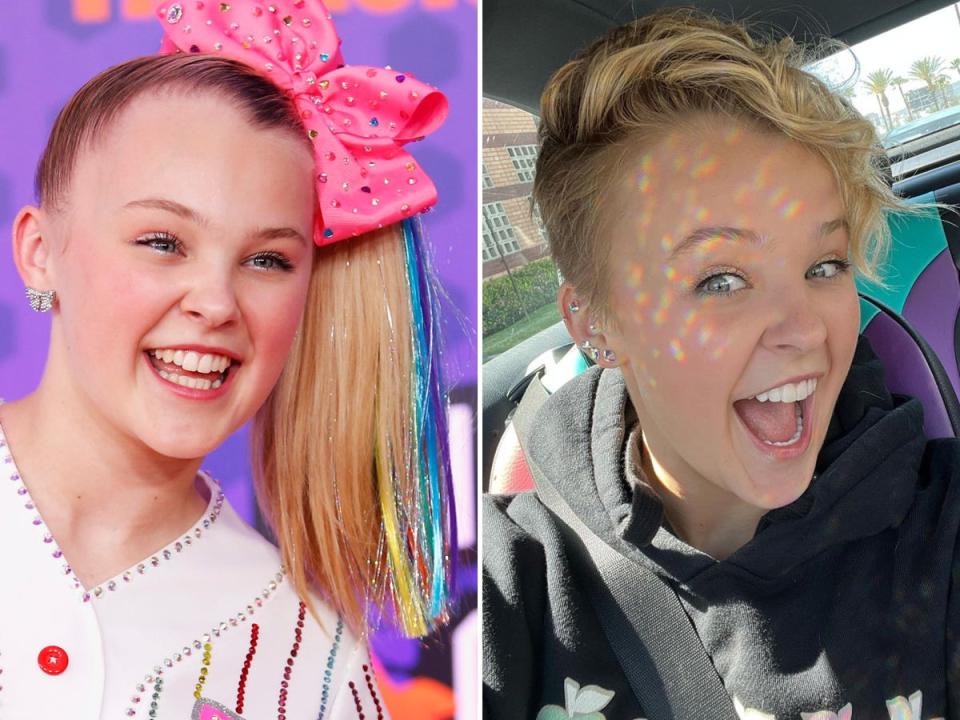 JoJo Siwa with long hair (left) and the performer with short hair (right).