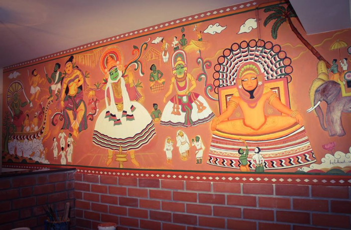 Lungees Foods, a Kerala themed restaurant in Bengaluru. The Kadhakali and theyyam, classical dance dramas, elephants, soldiers and canoe racing have all been captured to represent the spirit of Kerala.