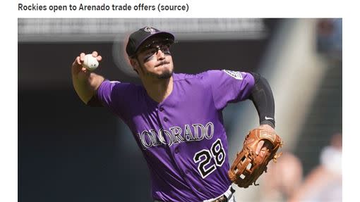 洛磯把三壘手亞瑞納多（Nolan Arenado）放上談判桌。（圖／翻攝自MLB官網）