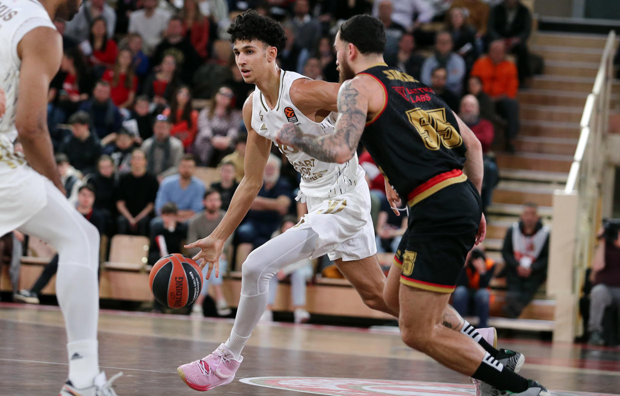 Zaccharie Risacher, during a game in February, is averaging 13.8 points in December and shooting 47% from 3-point range on the season. (Photo by Alfonso Cannavacciuolo/Euroleague Basketball via Getty Images)