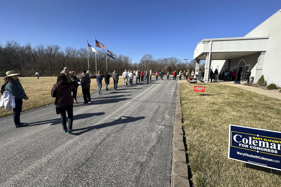 /// Missouri voters gather Saturday, March 2, 2024, at the Family Worship Center of Columbia, Mo., to caucus for the Republican presidential nominee. (AP Photo/Summer Ballentine)