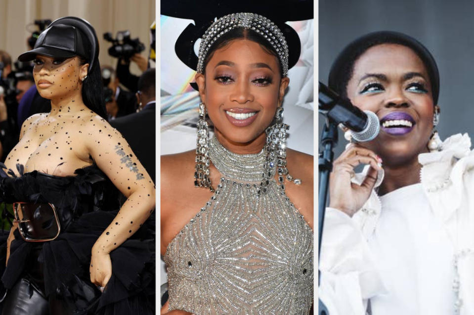 Nicki Minaj arrives at the 2022 Met Gala, Trina smiles at the "Baddest Chick" anniversary event in 2021, Lauryn Hill is seen on stage at the 2019 Madcool Festival