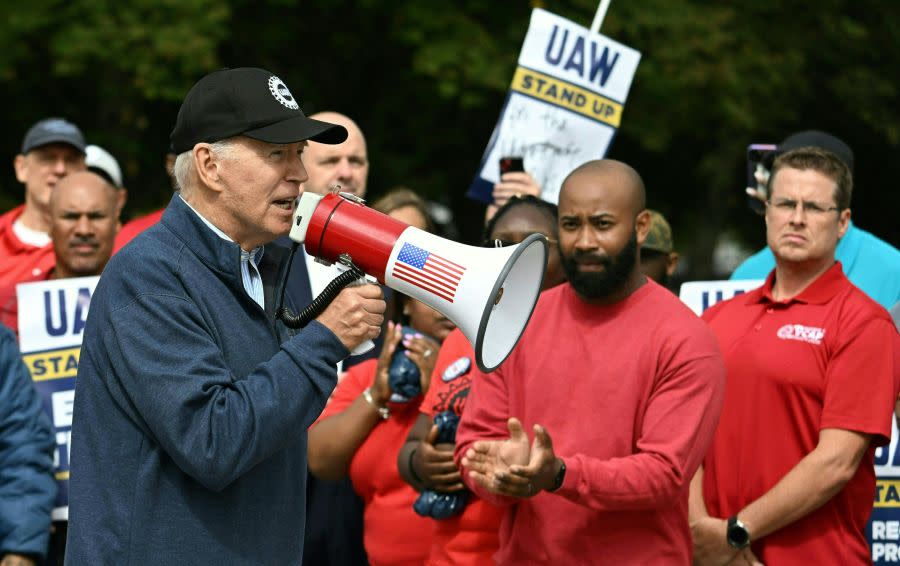 US President Joe Biden addresses a UAW picket line at a General Motors Service Parts Operations plant in Belleville, Michigan, on September 26, 2023. (Photo by Jim WATSON / AFP) (Photo by JIM WATSON/AFP via Getty Images)