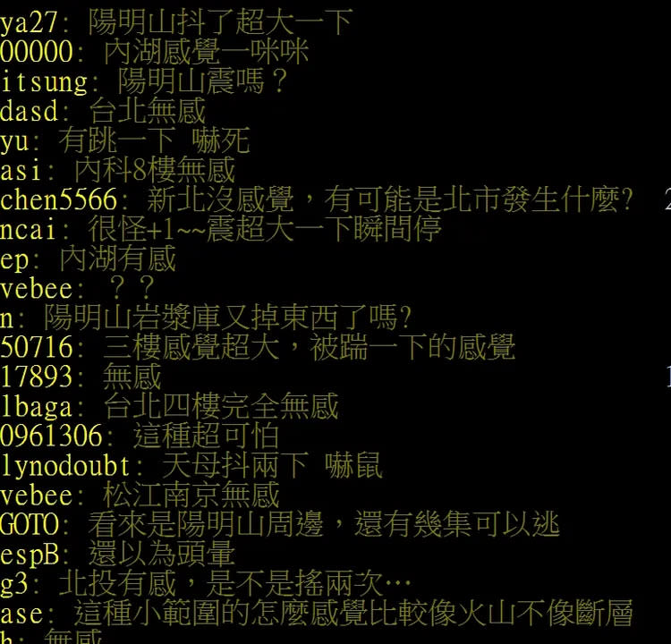 還有網友懷疑是不是火山要噴發，不過氣象局也已經回應表示，09:08這一震確實為地震，只是未達發布標準，所以氣象局才會沒有立即更新資訊。引自批踢踢