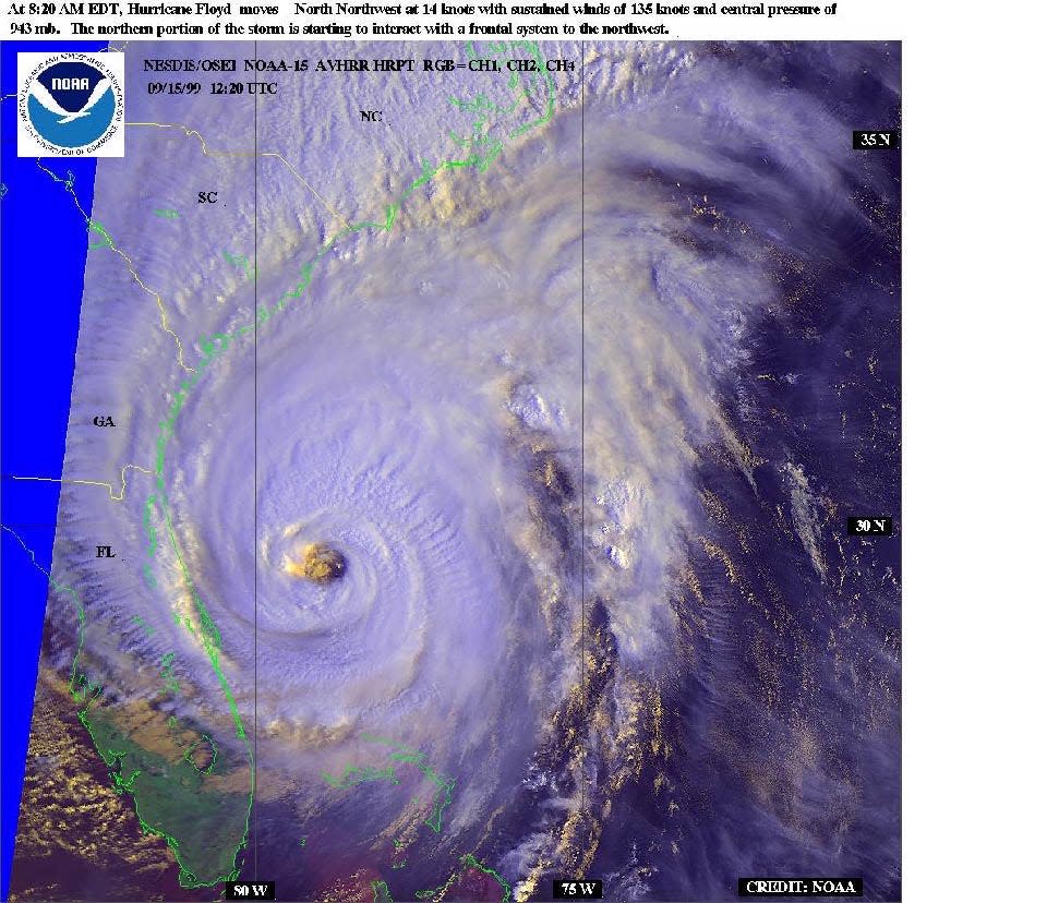 A NOAA image of Hurricane Floyd in 1999. That's Florida right in its path.