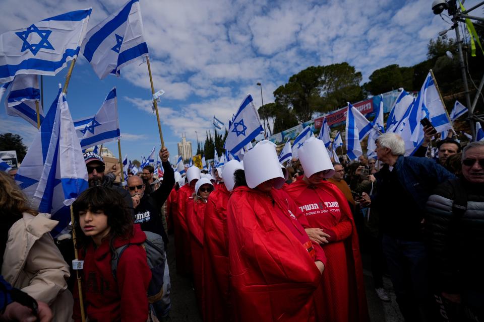 February 13, 2023: Israelis protest against plans by Prime Minister Benjamin Netanyahu's new government to overhaul the judicial system, outside the Knesset, Israel's parliament, in Jerusalem.