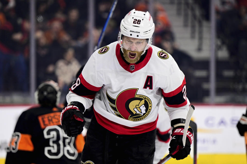 Ottawa Senators' Claude Giroux reacts after scoring a goal past Philadelphia Flyers goaltender Samuel Ersson (33) during the third period of an NHL hockey game, Sunday, Jan. 21, 2024, in Philadelphia. (AP Photo/Derik Hamilton)