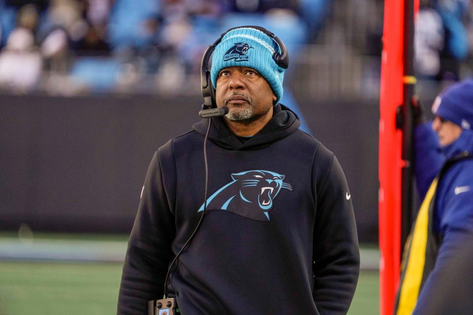 Dec 24, 2022; Charlotte, North Carolina, USA; Carolina Panthers head coach Steve Wilks watches his offense during the second half against the Detroit Lions at Bank of America Stadium.