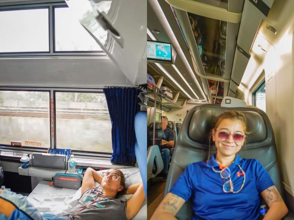 Left: The author lies down in a train bunk with windows behind her. Right: The author sits in a brown, business-class seat on a train.