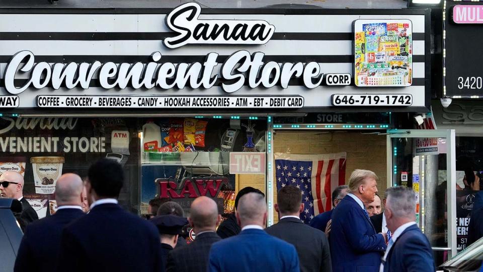 Republican presidential candidate and former U.S. President Donald Trump holds a campaign stop at Sanaa convenient store, in the Harlem section of New York City, U.S., April 16, 2024.