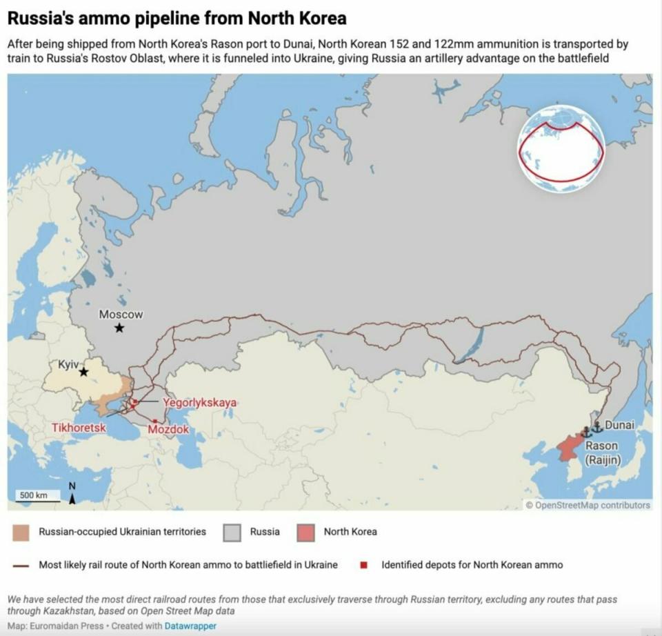 從近期衛星圖像推估，北韓自去年 10 月以來，將裝滿彈藥的準貨櫃於其東北部羅津港出發，以船隻運送至俄羅斯遠東城市海參威附近的杜奈（Dunay）港。   圖：取自「X」@Tatarigami_UA