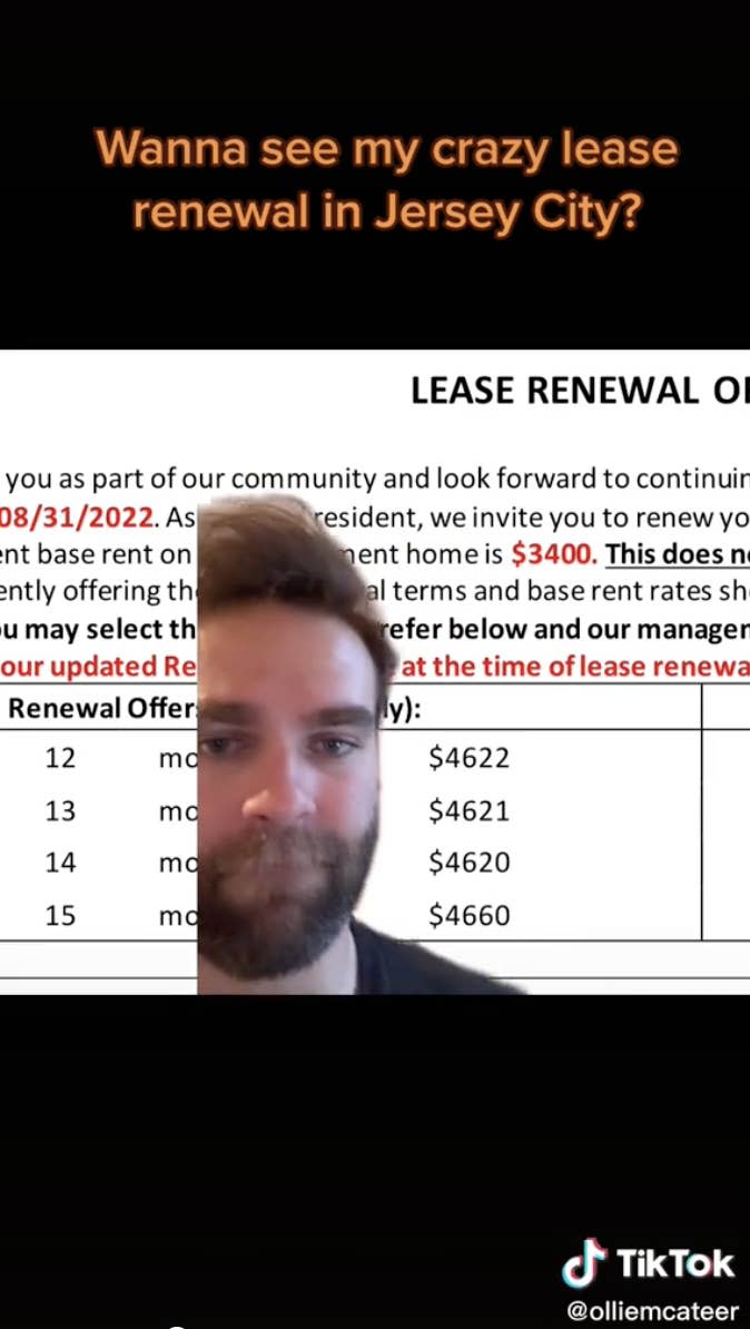 The lease renewal paperwork shows Oliver's current rent of $3,400 and renewal costs of $4,622, $4,621, $4,620, and $4,660 depending on the length of renewal