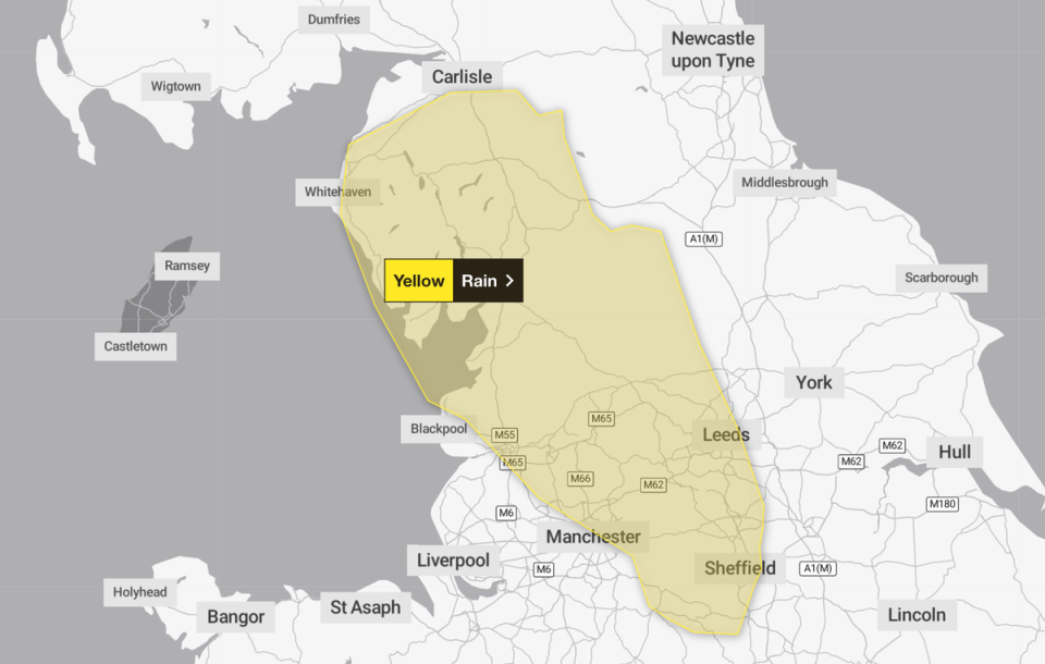 A single weather warning is currently in place for Sunday 10 December, warning of the chance of heavy rain in northwestern England in the early hours (Met Office)