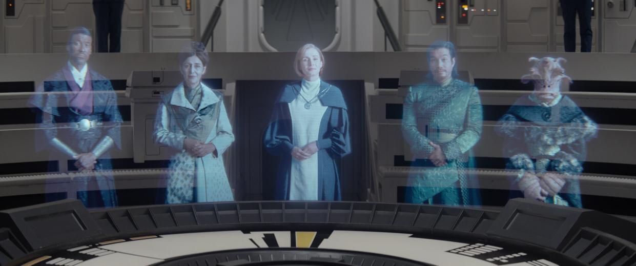 Maurice J. Irvin as Senator Mawood, Jacqueline Antaramian as Senator Rodrigo, Genevieve O'Reilly as Mon Mothma and Nelson Lee as Senator Xiono in Ahsoka. (Lucasfilm/Disney+)