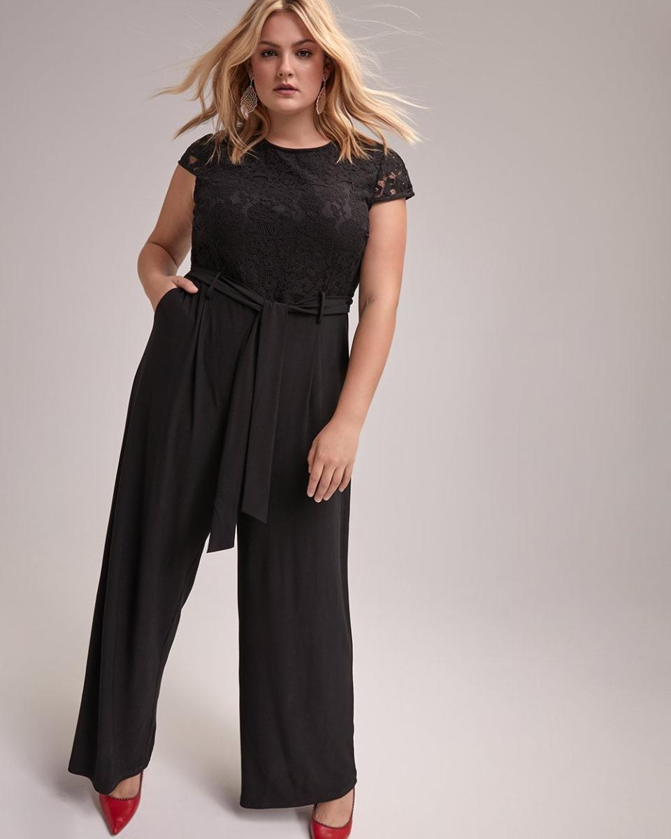 Michel Studio Short Sleeve Mixed Media Wide Leg Jumpsuit