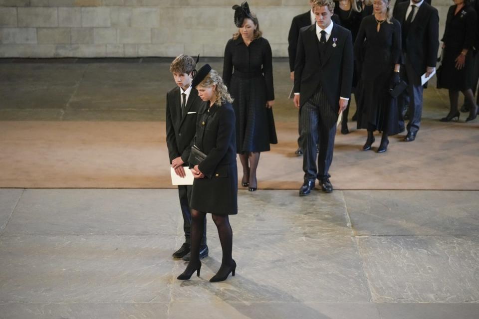 James, Viscount Severn and Lady Louise Windsor pay their respects to the late Queen (Christopher Furlong/PA)