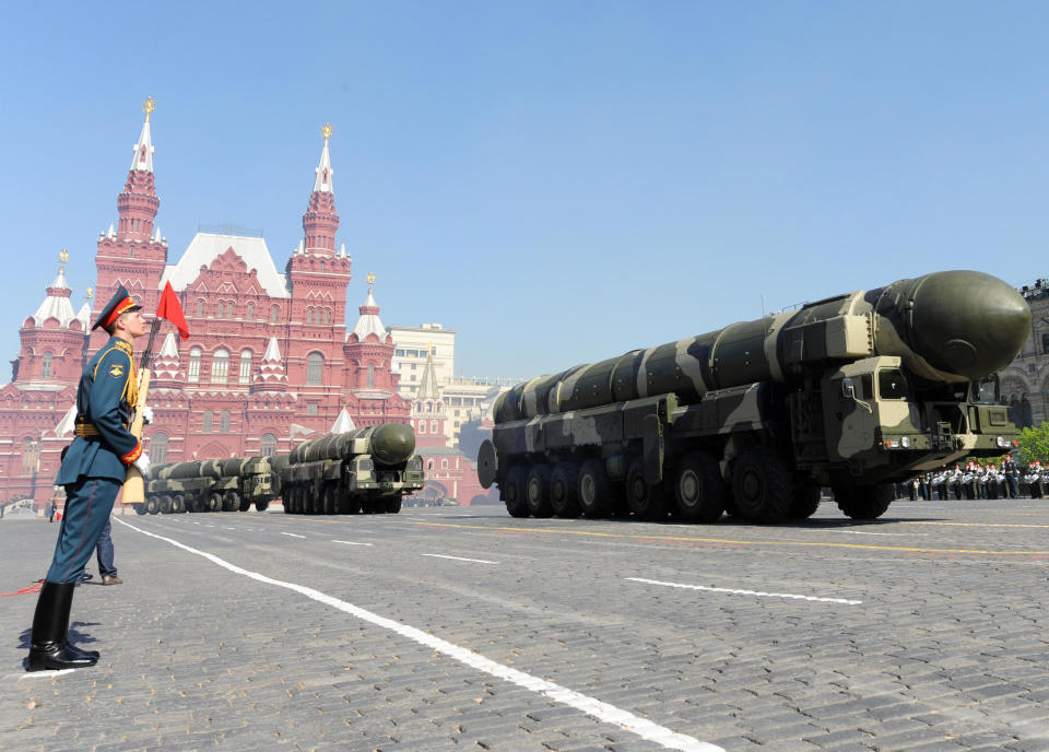 Russian intercontinental ballistic missiles on display in Red Square during the nation's Victory Day parade, commemorating the end of World War II